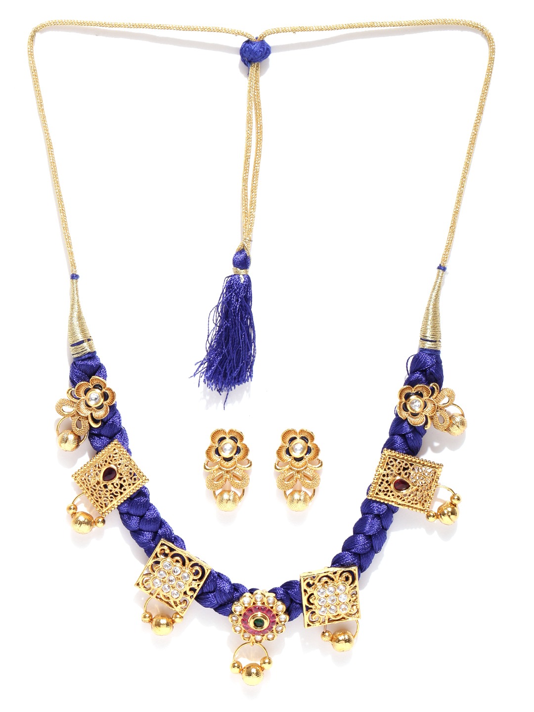 YouBella Navy  Gold-Toned Stone-Studded Braided Jewellery Set